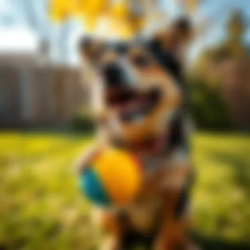 A playful dog named Loken enjoying a colorful toy in a sunny yard, showcasing his charming personality and joyful spirit.