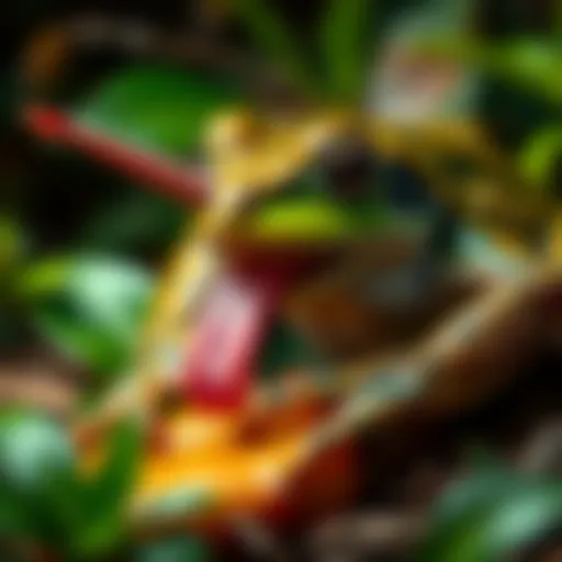 A long nose horned frog catching its meal with its long tongue, surrounded by green leaves and a natural habitat.