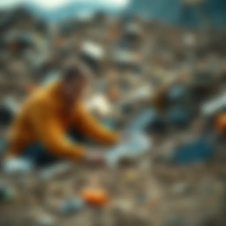 James Howells searching for his lost hard drive in a landfill, with a backdrop of discarded electronics and dirt.