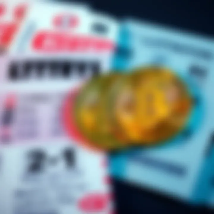 A side-by-side display of lottery tickets and a Bitcoin logo, representing the debate between buying lottery tickets and investing in Bitcoin.