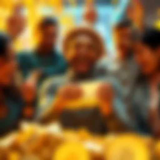 A joyful lottery winner holding a shiny gold item, surrounded by excited friends and gold enthusiasts, celebrating the moment.