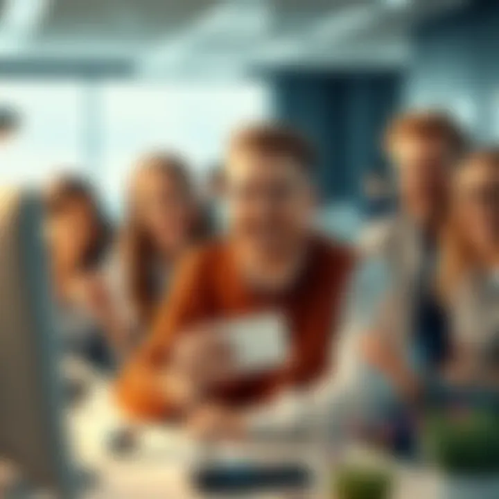 A person smiles at their desk, holding a winning lottery ticket and surrounded by cheerful coworkers, celebrating unexpected good fortune.