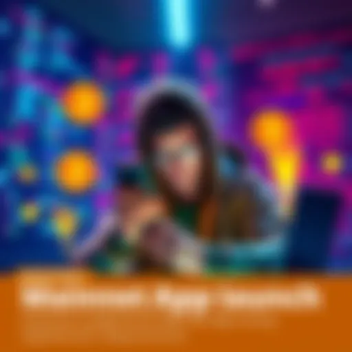 A developer preparing to list an app on the mainnet, surrounded by coding elements and Pi token symbols.