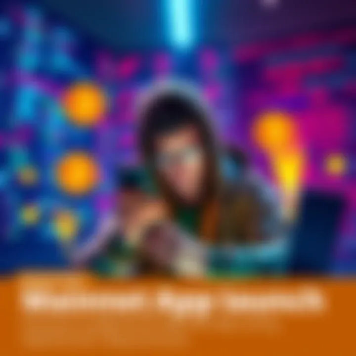 Mainnet App Launch A developer preparing to list an app on the mainnet, surrounded by coding elements and Pi token symbols.