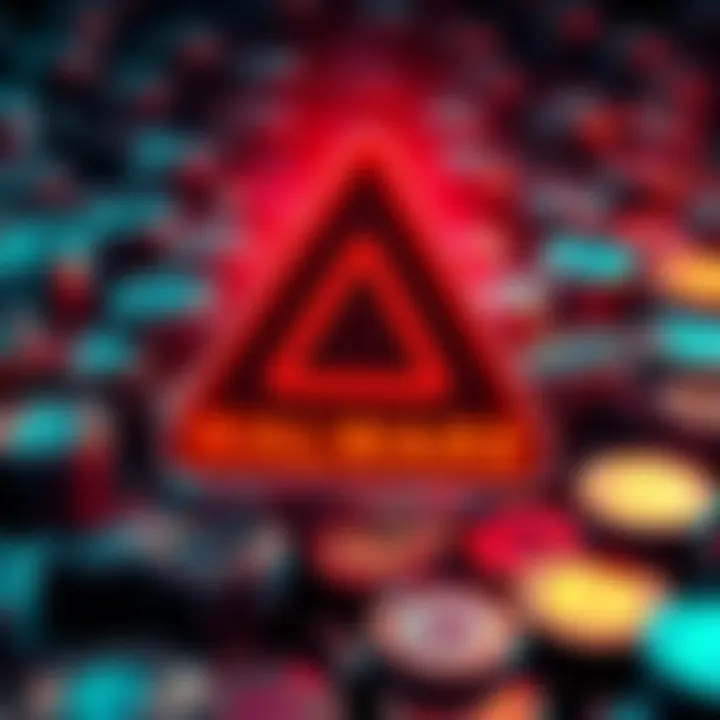 A warning sign indicating malware risk for Litecoin wallet downloads, with a background of digital currency symbols