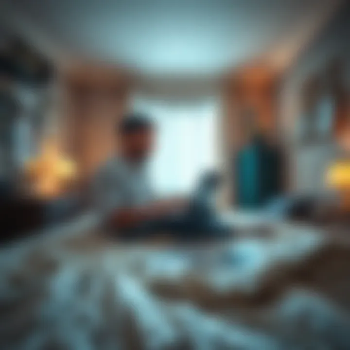 A man in his bedroom working on a laptop, surrounded by financial documents and a sense of achievement.