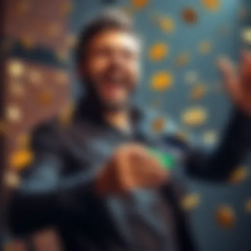 A man joyfully celebrating as he holds a smartphone displaying his Bitcoin wallet balance, surrounded by gold coins and bills, symbolizing his £3.3 million fortune.