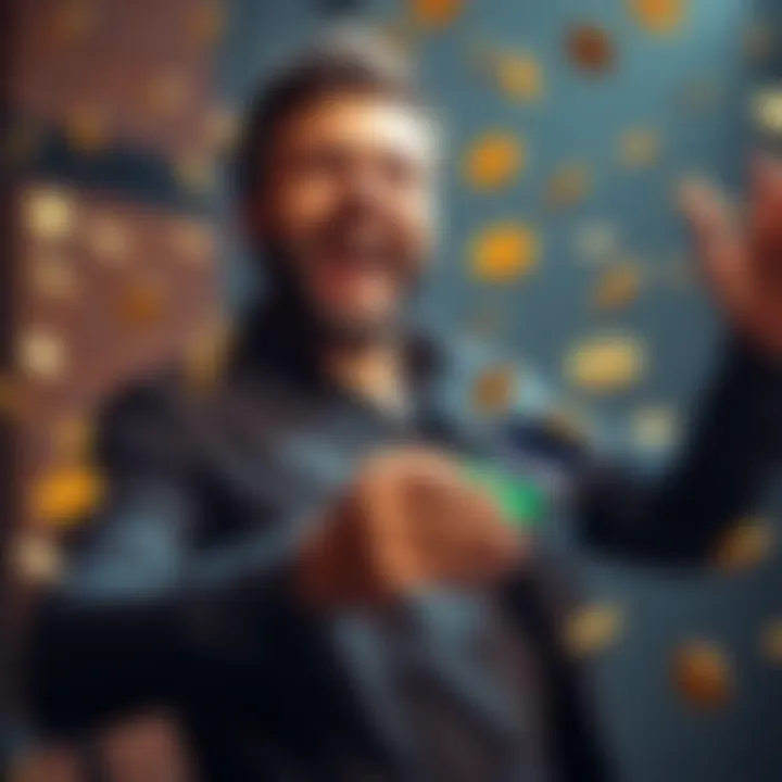A man joyfully celebrating as he holds a smartphone displaying his Bitcoin wallet balance, surrounded by gold coins and bills, symbolizing his £3.3 million fortune.