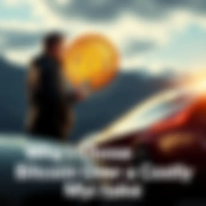 Man choosing between Bitcoin and a car A man stands beside a sleek sports car and looks at a Bitcoin logo on his phone, contemplating his investment choices.