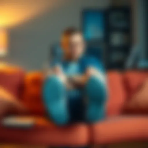 A man sitting on a couch, looking down at his feet with a displeased expression, illustrating discomfort with body image.
