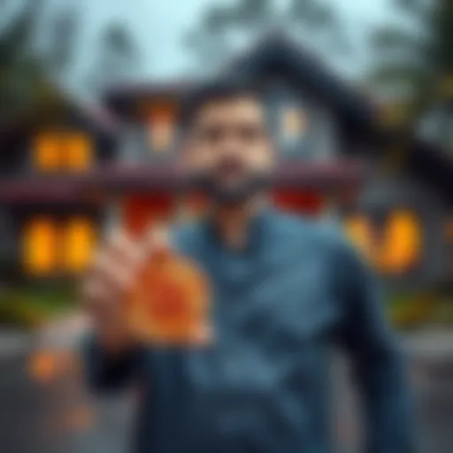 A man stands in front of a house, holding a Bitcoin coin, illustrating the advice to invest in Bitcoin and rent homes.