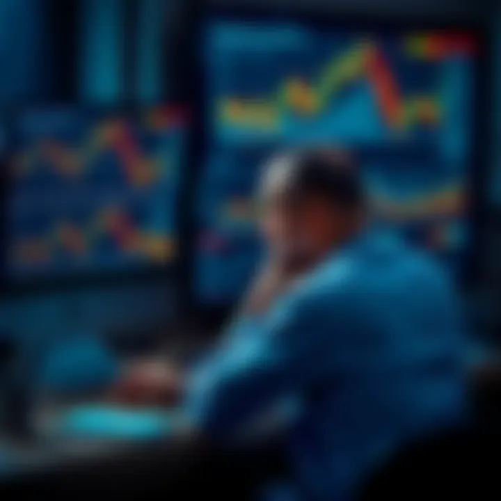 A man sitting at a desk with a laptop, looking thoughtfully at cryptocurrency market graphs on the screen, contemplating investment decisions.