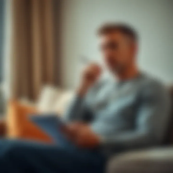 A 38-year-old man sitting on a couch, looking thoughtful, with a notepad and a pen in hand, considering ways to improve libido