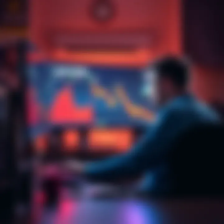 A man sits at a desk, staring at a computer screen showing a declining cryptocurrency chart, looking worried about his financial situation.