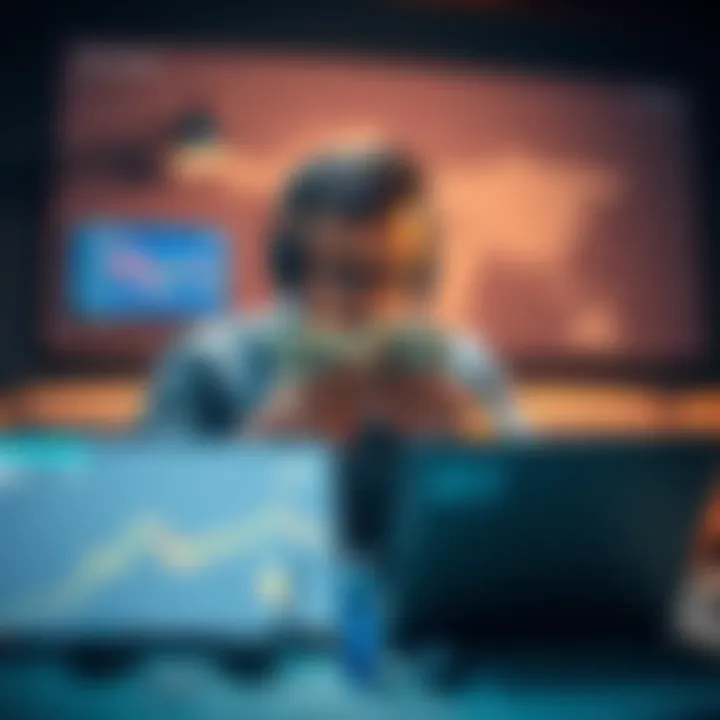 Man profiting from rug pull scheme A man counts cash with a laptop showing cryptocurrency charts, representing deceit in financial schemes