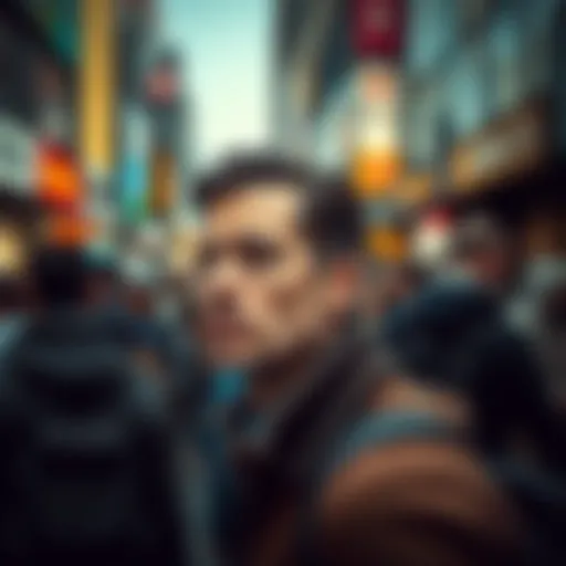 A pensive man with a curious expression, standing in a crowded urban area, surrounded by people.