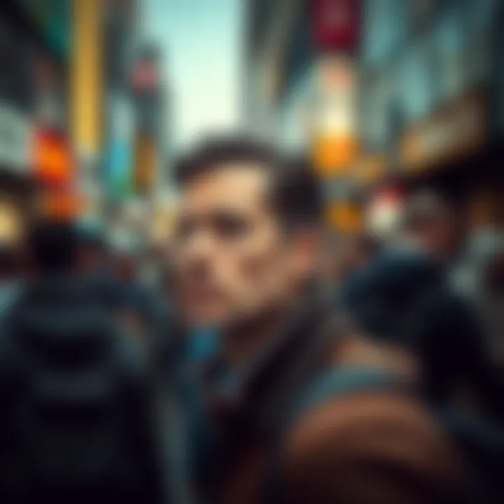 A pensive man with a curious expression, standing in a crowded urban area, surrounded by people.