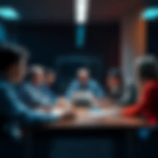 Group of managers in a meeting focusing on the visibility of key employees after recent changes.