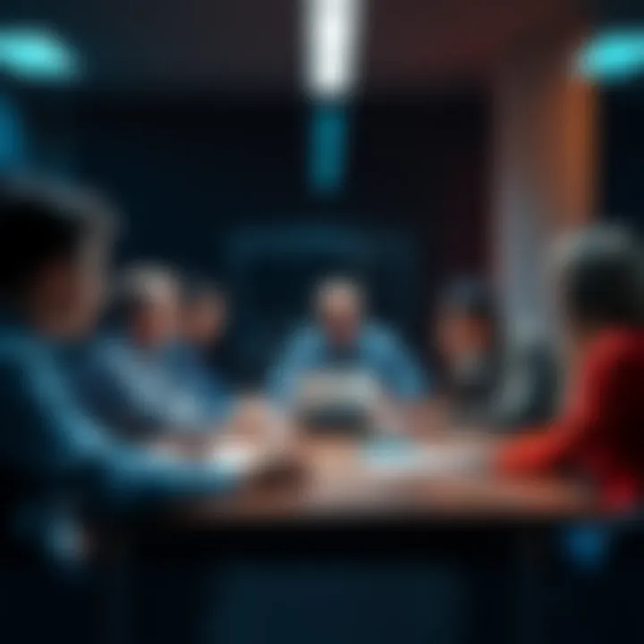 Managers Discuss Visibility Issues Group of managers in a meeting focusing on the visibility of key employees after recent changes.