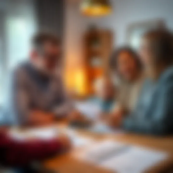A family discussing plans for a house inheritance around a table with financial documents and a calculator.