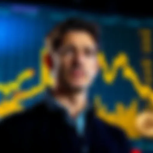 Mark Cuban standing in front of a graph showing Bitcoin decline while gold prices rise, looking concerned.