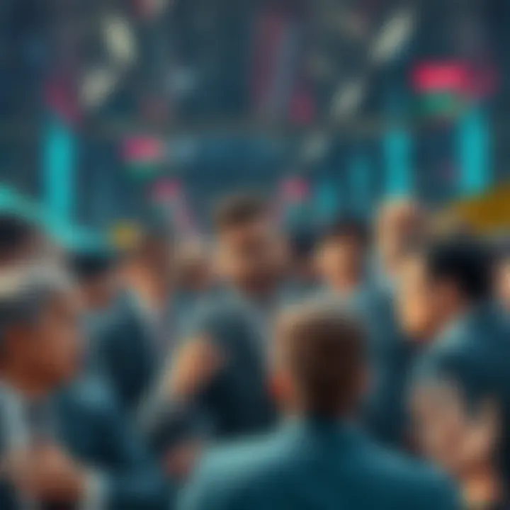 A chaotic scene with worried investors discussing strategies as market prices remain flat, showcasing various emotions like anxiety and confusion.