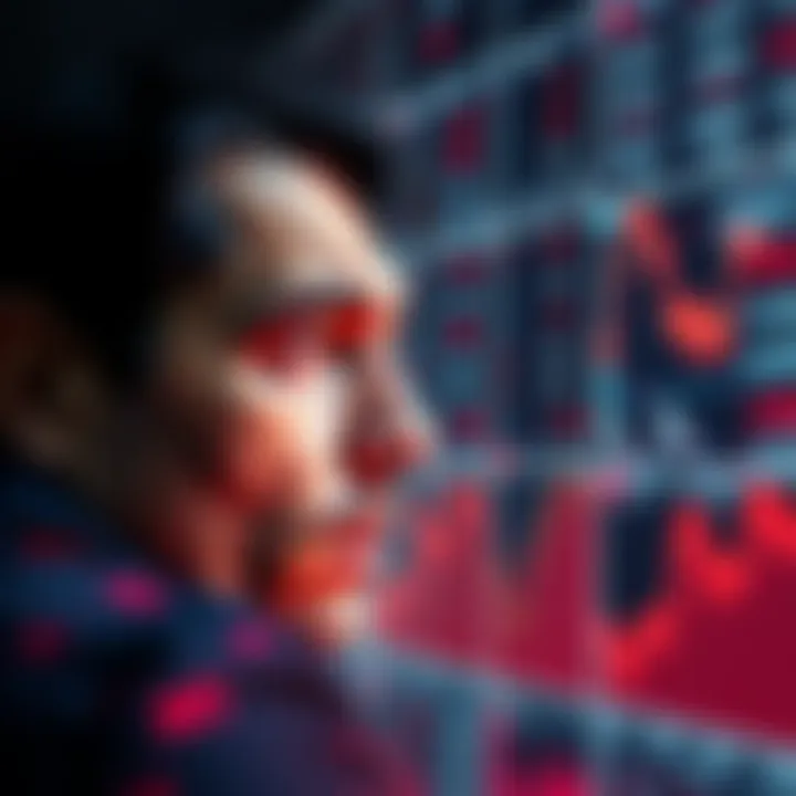 A person looking worriedly at stock charts with red indicators, symbolizing market uncertainty and fear