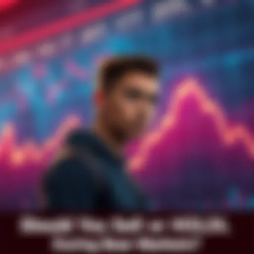 A person contemplating whether to sell or hold their assets amidst a declining market represented by a downward graph.