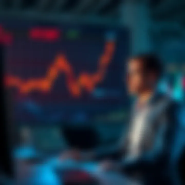 Graphs showing a steep drop in market prices with worried investors looking at screens