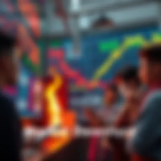 A dramatic drop in stock prices shown on a digital board, with people looking worried as they check their devices.