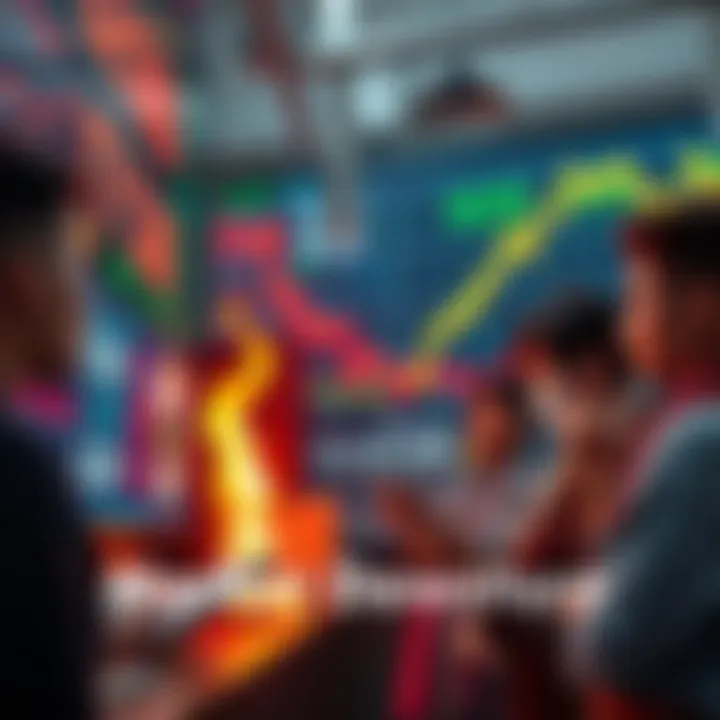 Market Downturn A dramatic drop in stock prices shown on a digital board, with people looking worried as they check their devices.