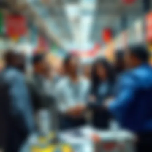 A group of diverse business leaders gathers, discussing opportunities and trends in a lively market setting.