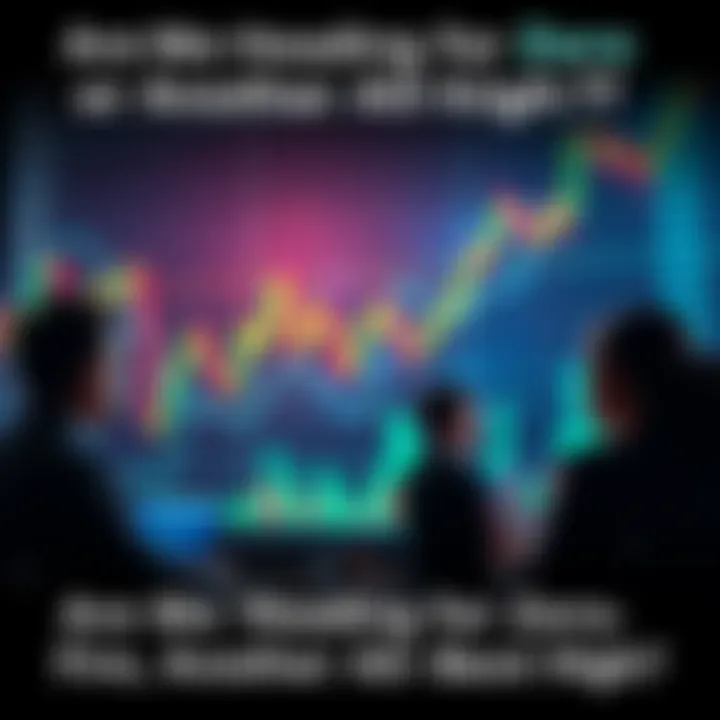 Market Predictions People debating market trends with graphs showing fluctuating lines, indicating highs and lows of stock values.