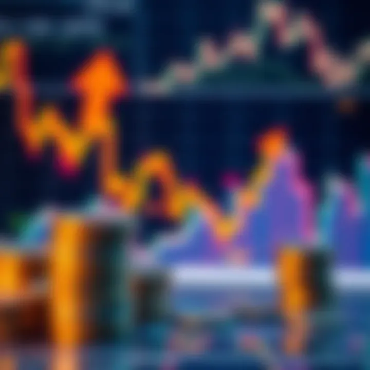 A graph showing fluctuating market prices with arrows indicating rising and falling trends, alongside a stack of coins representing capital reserves for investment.