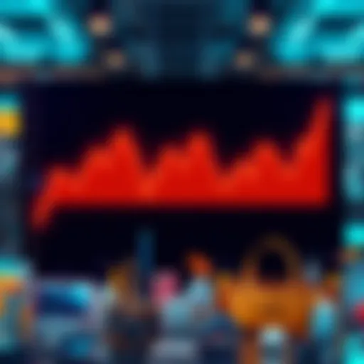 A graph showing a downward trend in market prices, with various product icons like tech gadgets and household items below it.