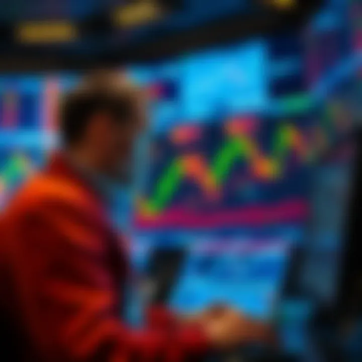 A trader analyzing market trends with financial charts and graphs on a screen, symbolizing the ideal time to invest. The scene shows a focused individual and highlights fluctuating prices.