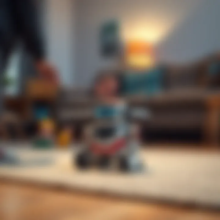 Matic robot in a home setting A Matic robot on a carpet in a living room, surrounded by toys and furniture, as a person reaches out, contemplating its reliability.