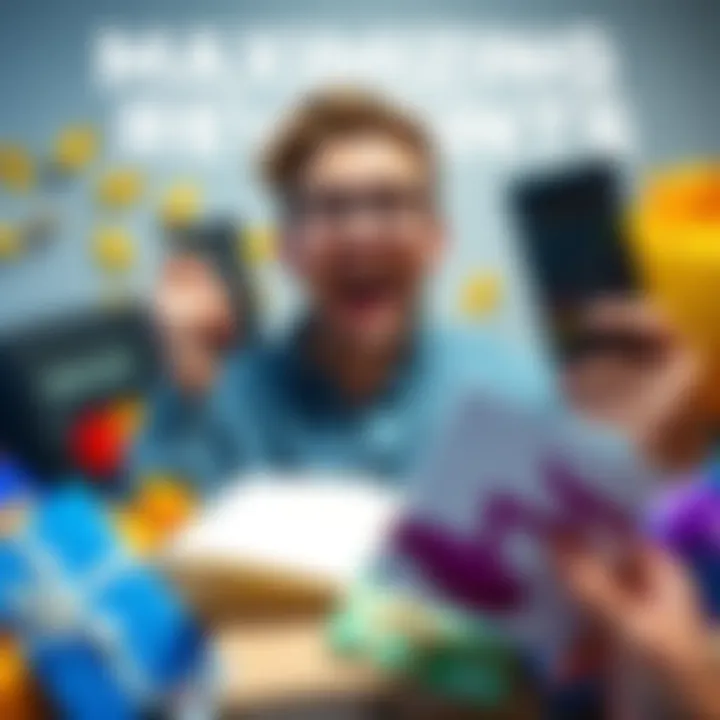 A person excitedly calculating the benefits of loyalty points with a calculator and notebook, surrounded by rewards like gift cards and travel vouchers.