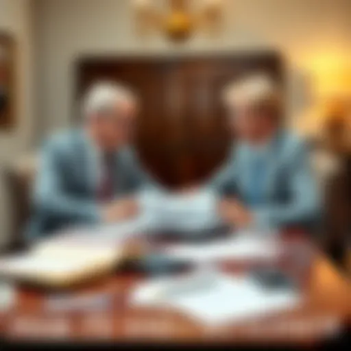 A mayor and governor discuss budget plans at a meeting table with documents and calculators