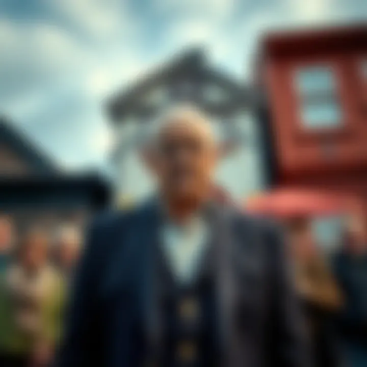 The mayor stands in front of the town hall, surrounded by local residents, showcasing small-town community spirit.