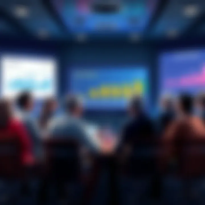 Group of mayors in a meeting talking about rising payouts, with charts and graphs on a screen in the background.