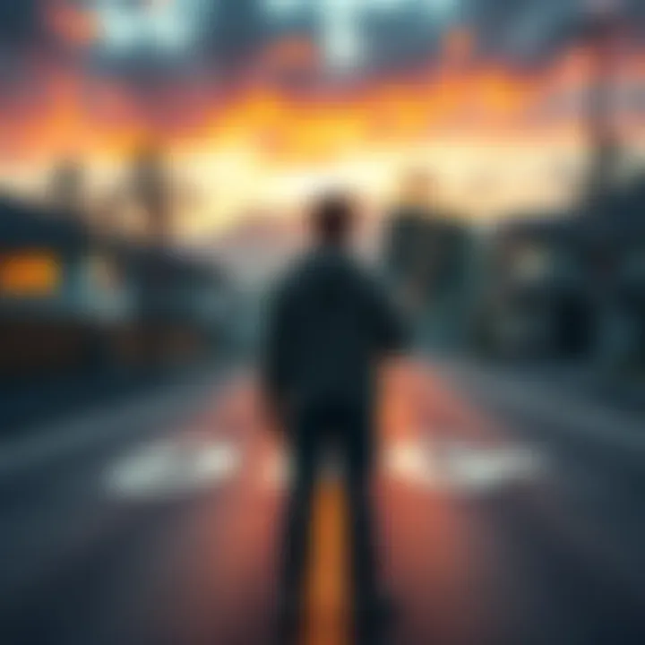 A person standing at a crossroads, holding a town sign and a gaming badge, contemplating their choice between mayorship and collecting badges.