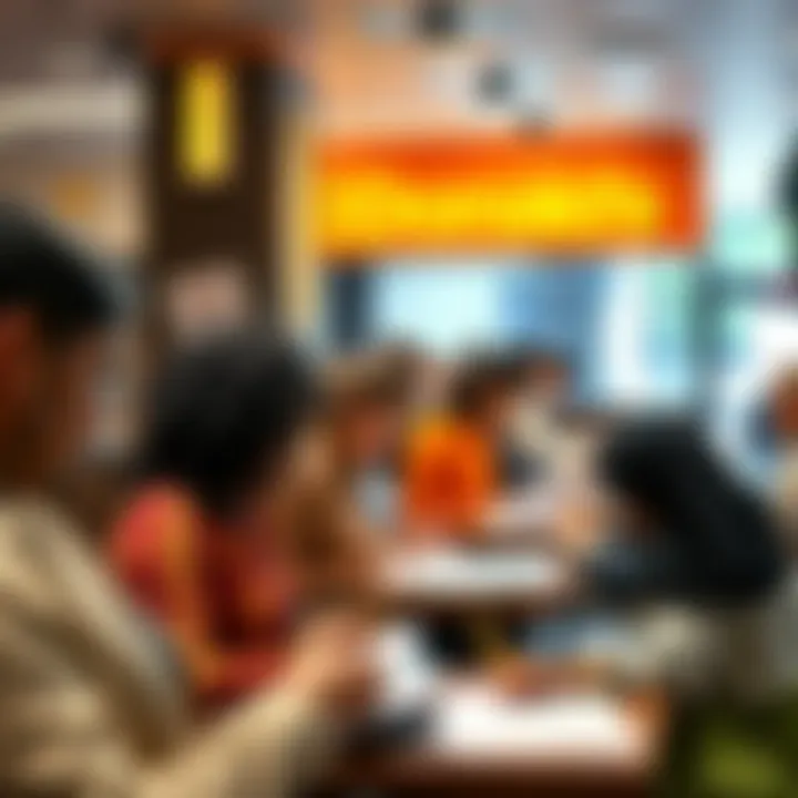 People Applying for McDonald's Jobs A group of diverse people filling out job applications at a McDonald's restaurant during a busy day.