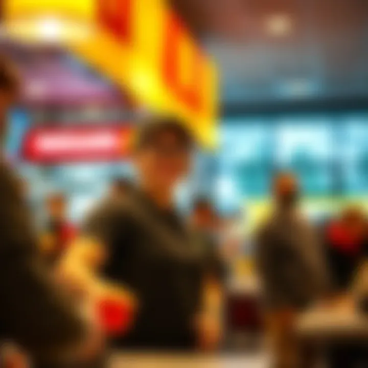 A cheerful employee at McDonald's serving customers with a smile in a busy restaurant setting.