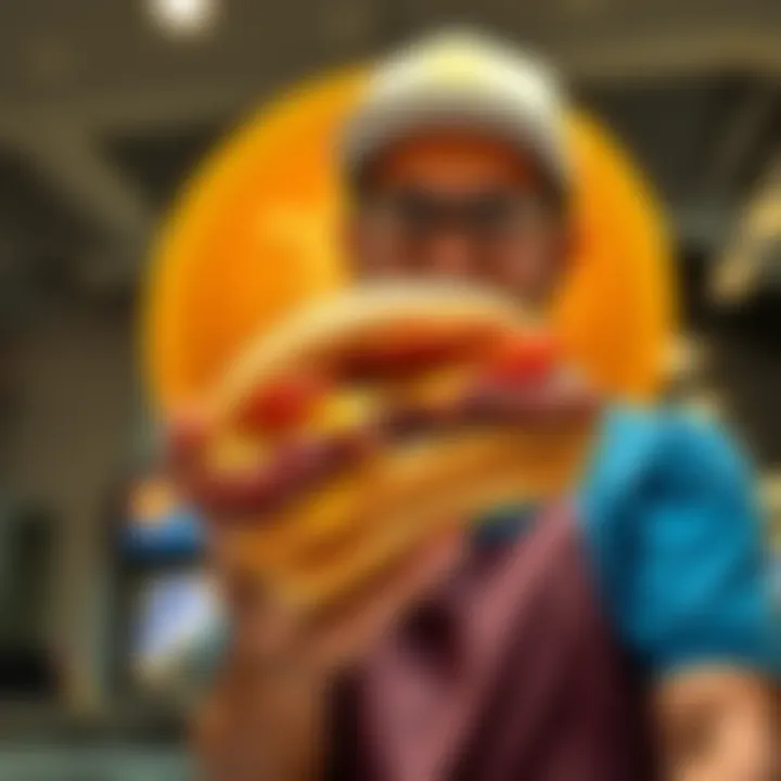 A McDonald's employee holding a McRib sandwich with a Bitcoin logo in the background, representing the return of the McRib amid Bitcoin discussions.