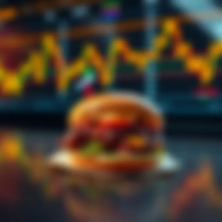 A McRib sandwich on a table with Bitcoin charts in the background, showcasing the connection between fast food and crypto trading.