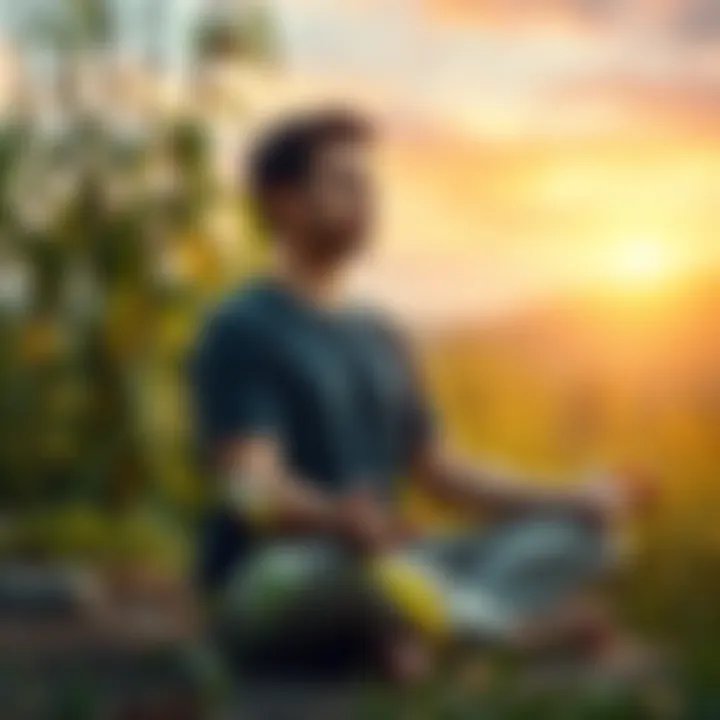 Person meditating during a fasting period Individual sitting cross-legged with a calm expression, surrounded by nature, reflecting on fasting and mental clarity