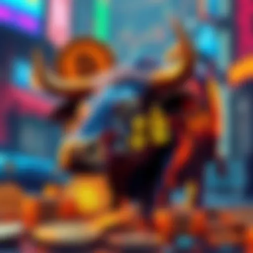 Colorful representation of various meme coins with a bull symbolizing market growth