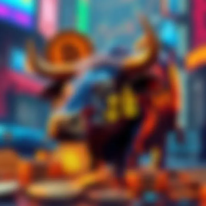 Meme Coins in the Market Colorful representation of various meme coins with a bull symbolizing market growth