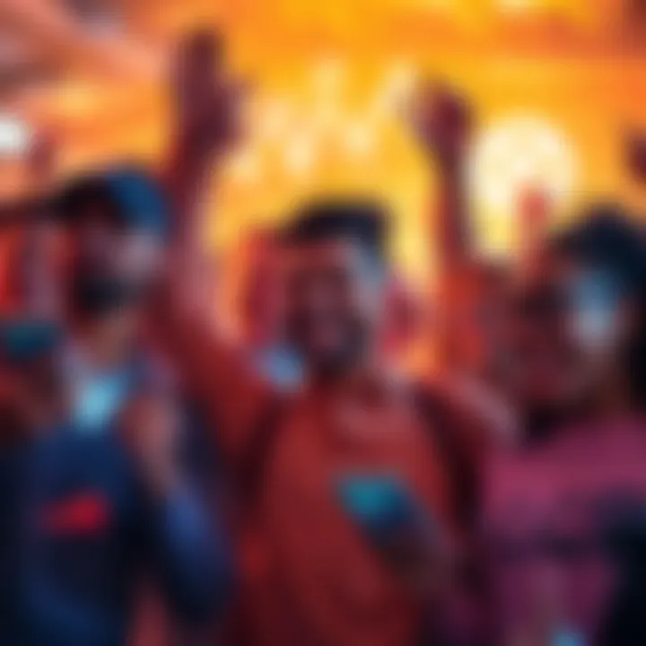 A group of people celebrating while showing memecoin graphs on their devices, highlighting their earnings.